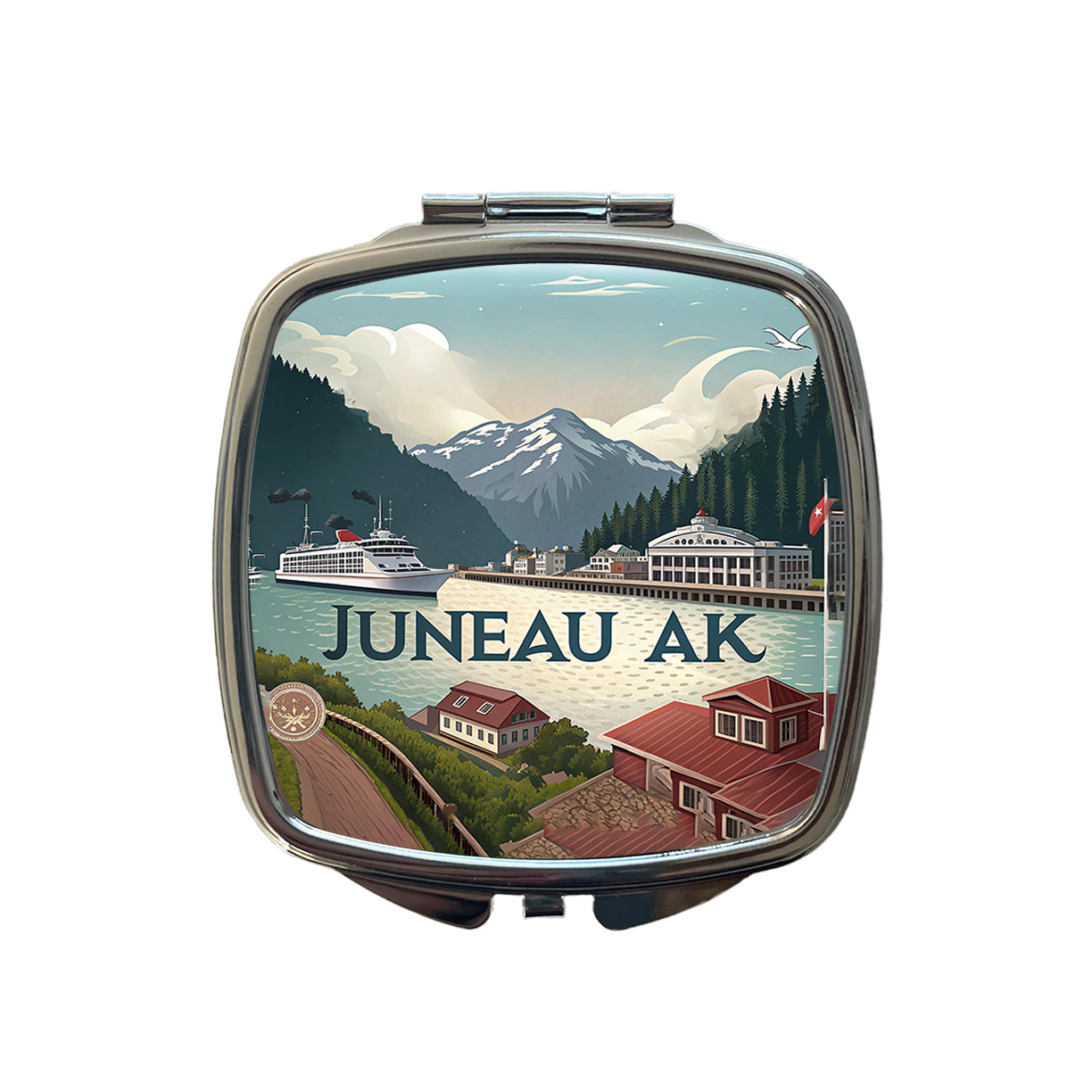 Juneau, Alaska AK Travel City State Stamp Small Travel Purse Handbag Pocket Makeup Compact Mirror