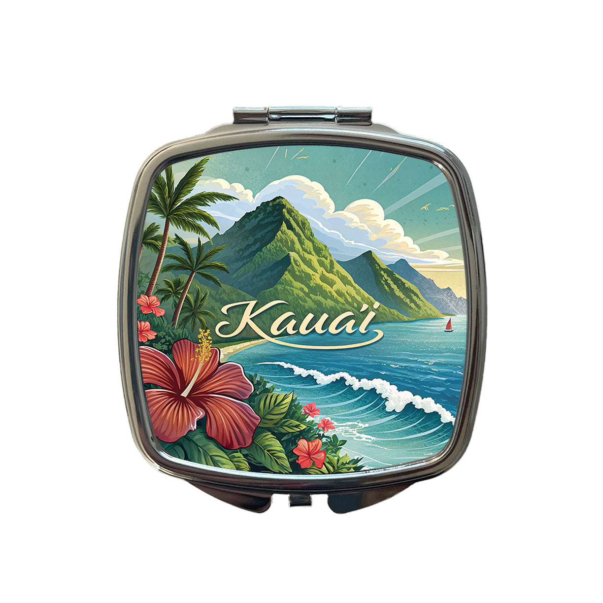 Kaua'i, Hawaii HI Travel City State Stamp Small Travel Purse Handbag Pocket Makeup Compact Mirror