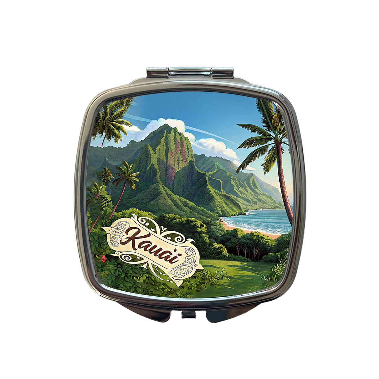 Kaua'i, Hawaii Hi Tropical Travel City State Stamp Small Travel Purse Handbag Pocket Makeup Compact Mirror