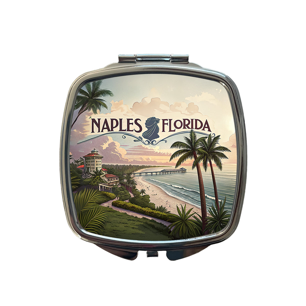 Naples, Florida FL Travel City State Stamp Small Travel Purse Handbag Pocket Makeup Compact Mirror