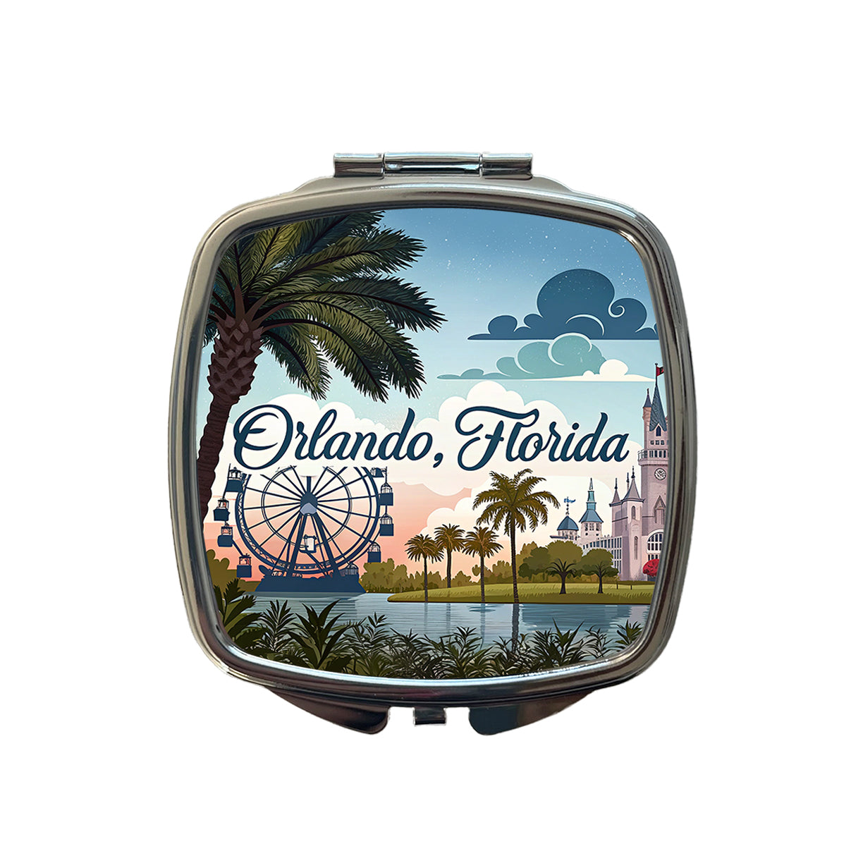 Orlando, Florida FL Travel City State Stamp Small Travel Purse Handbag Pocket Makeup Compact Mirror
