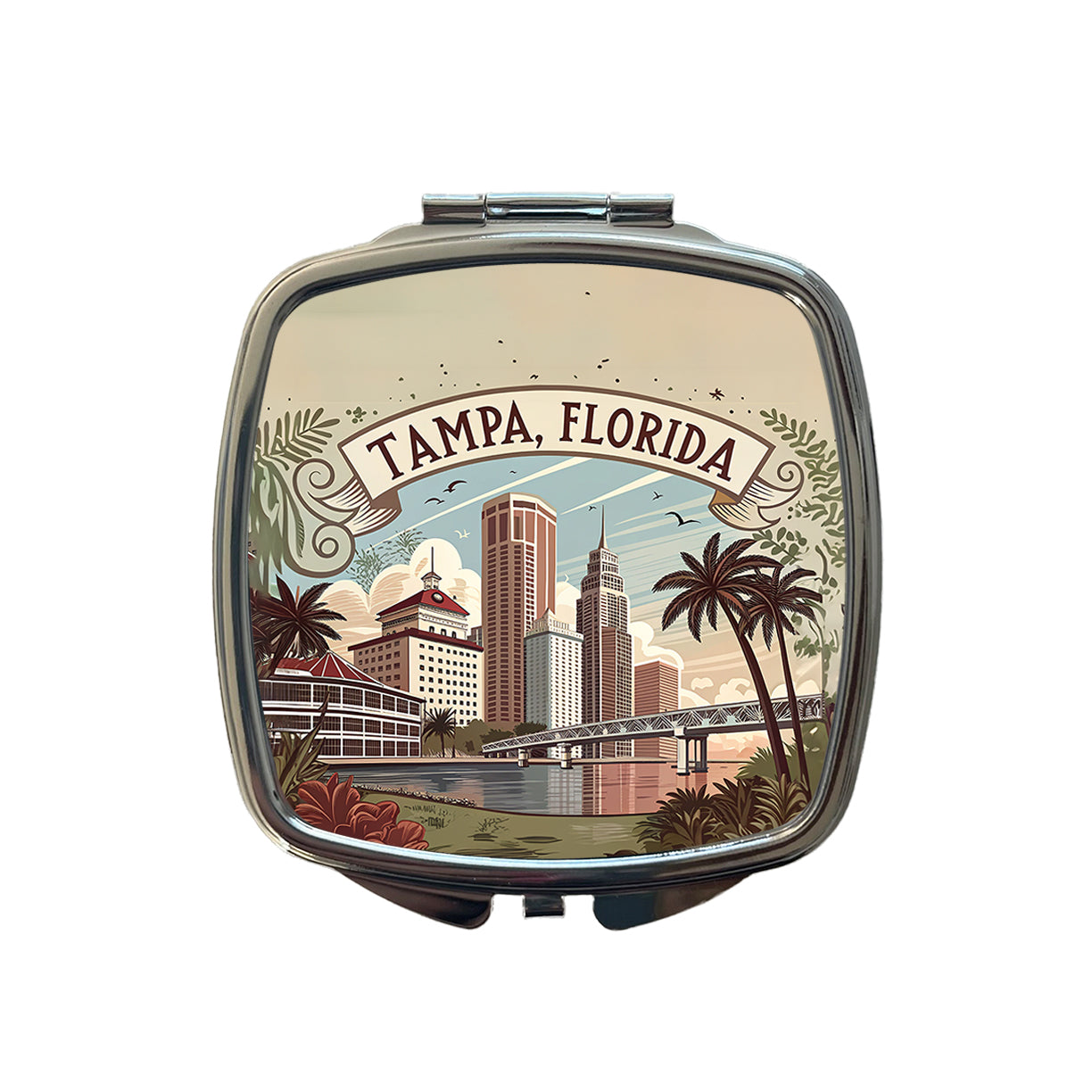 Tampa, Florida FL Travel City State Stamp Small Travel Purse Handbag Pocket Makeup Compact Mirror