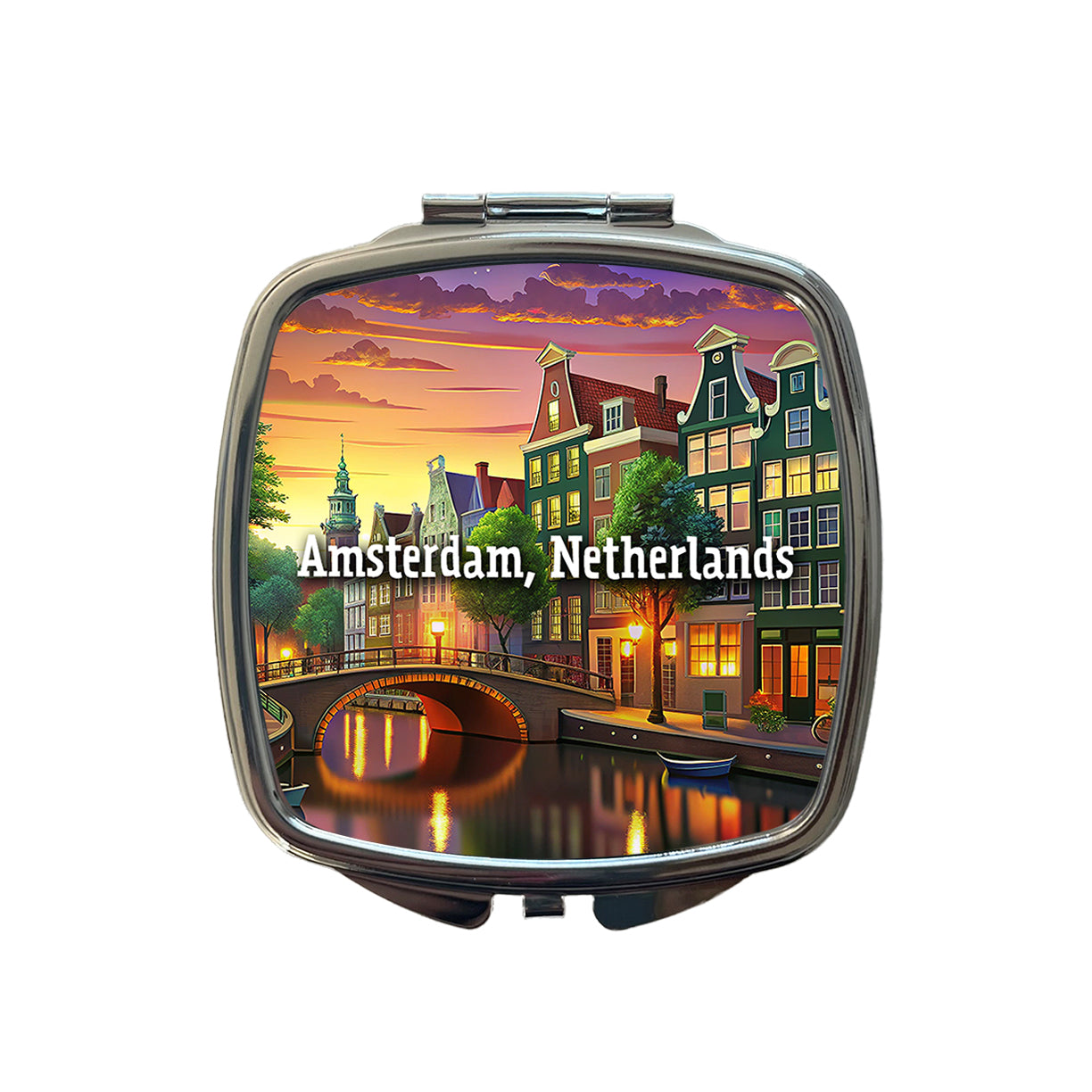 Amsterdam, Netherlands Travel City Country Stamp Small Travel Purse Handbag Pocket Makeup Compact Mirror
