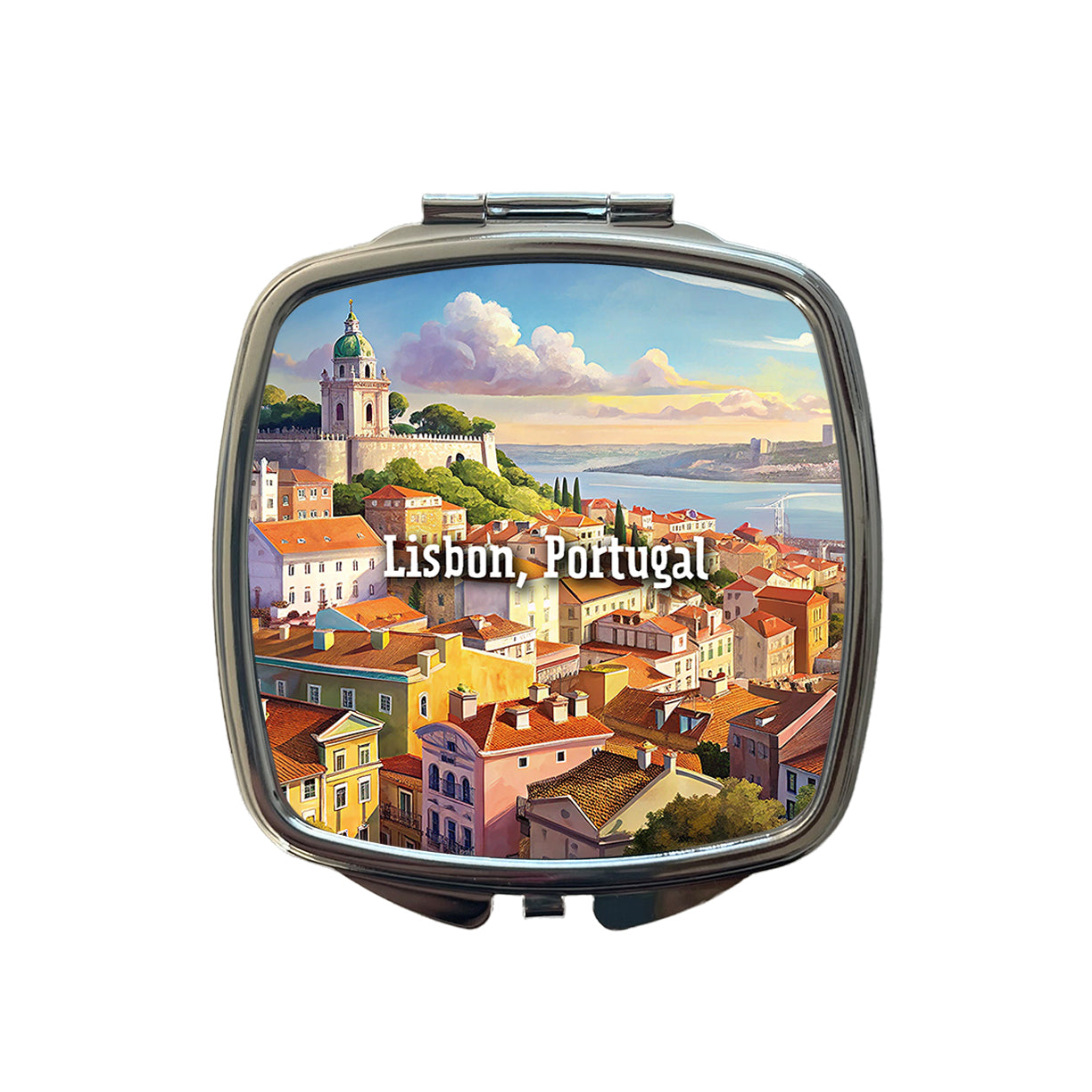 Lisbon, Portugal Travel City Country Stamp Small Travel Purse Handbag Pocket Makeup Compact Mirror