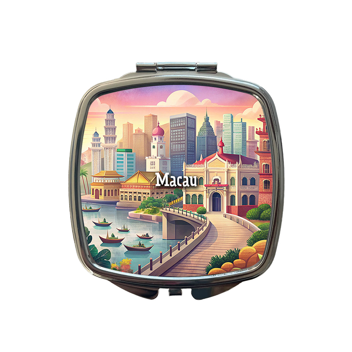 Macau Travel City Country Stamp Small Travel Purse Handbag Pocket Makeup Compact Mirror