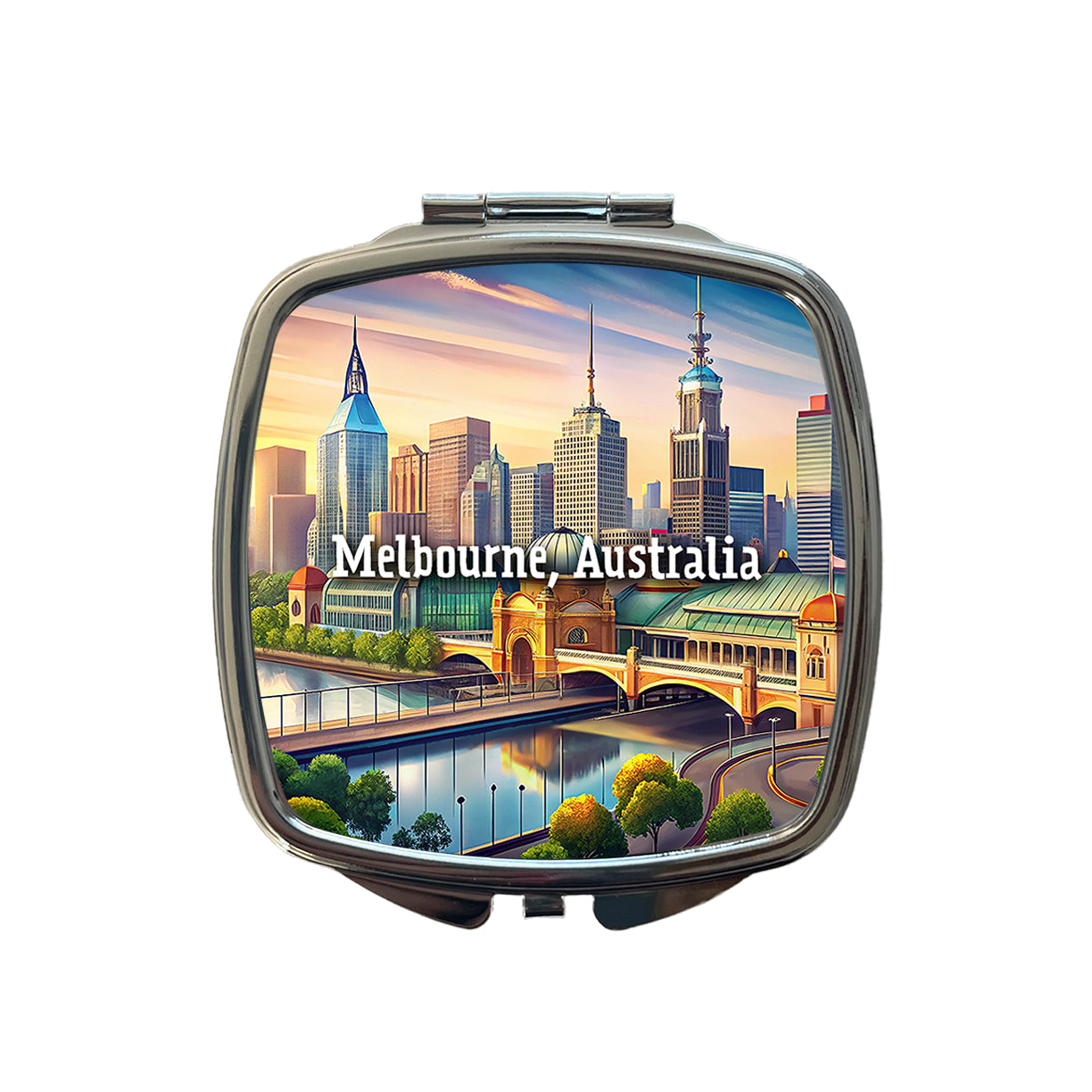 Melbourne, Australia Travel City Country Stamp Small Travel Purse Handbag Pocket Makeup Compact Mirror
