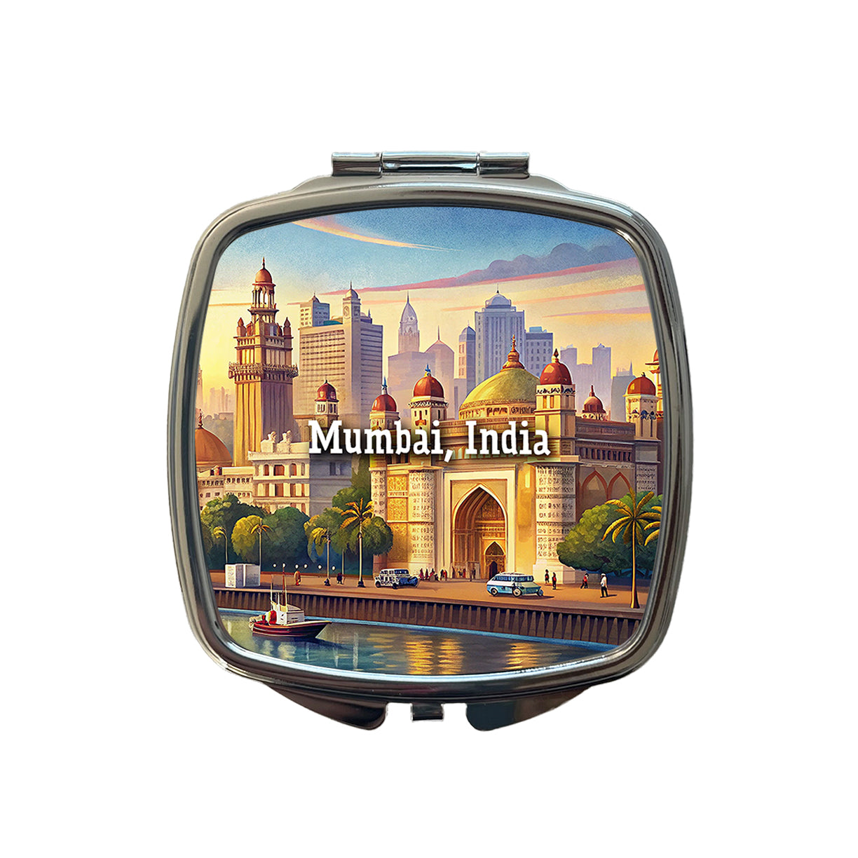 Mumbai, India Travel City Country Stamp Small Travel Purse Handbag Pocket Makeup Compact Mirror