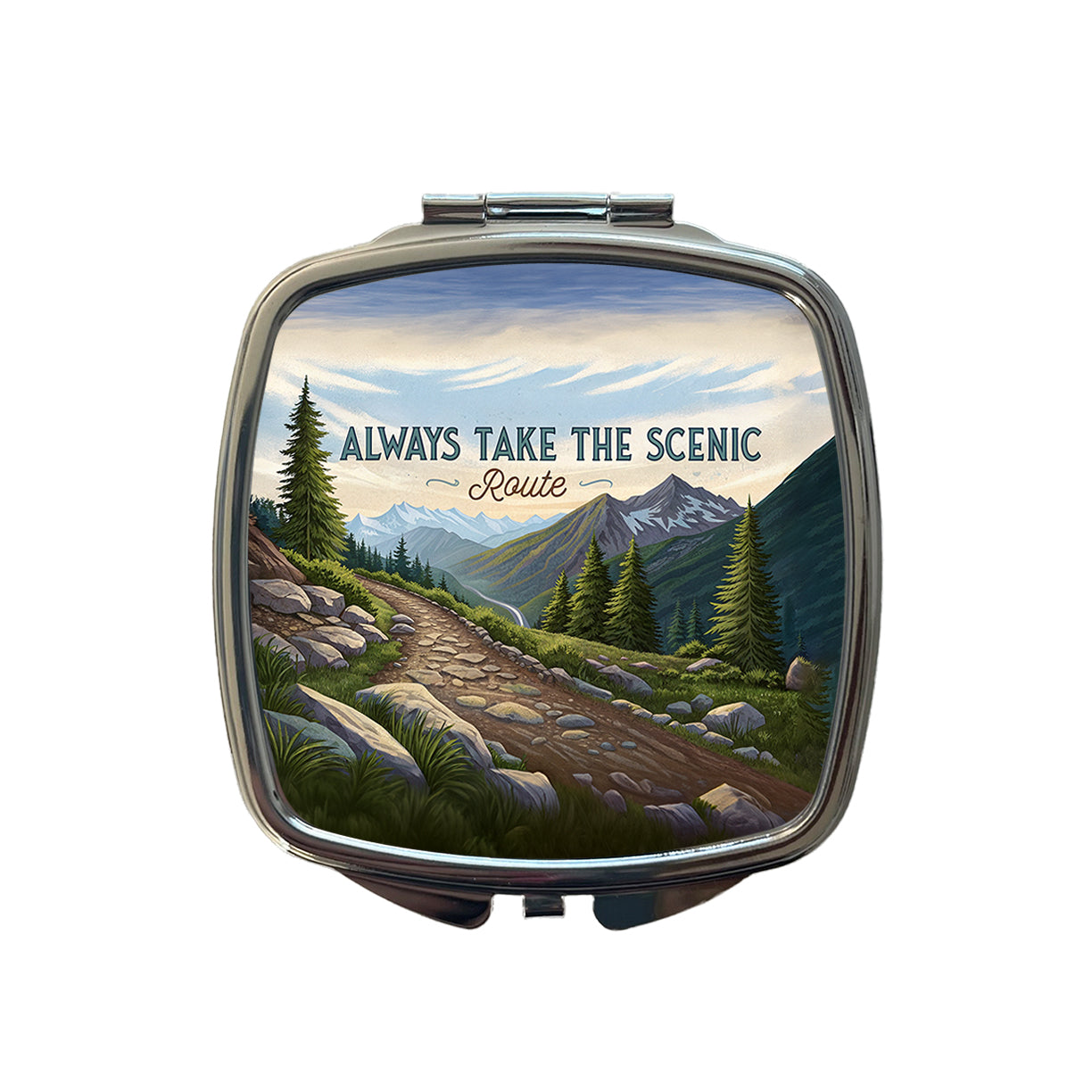 Always Take The Scenic Route Hiking Trail Small Travel Purse Handbag Pocket Makeup Compact Mirror