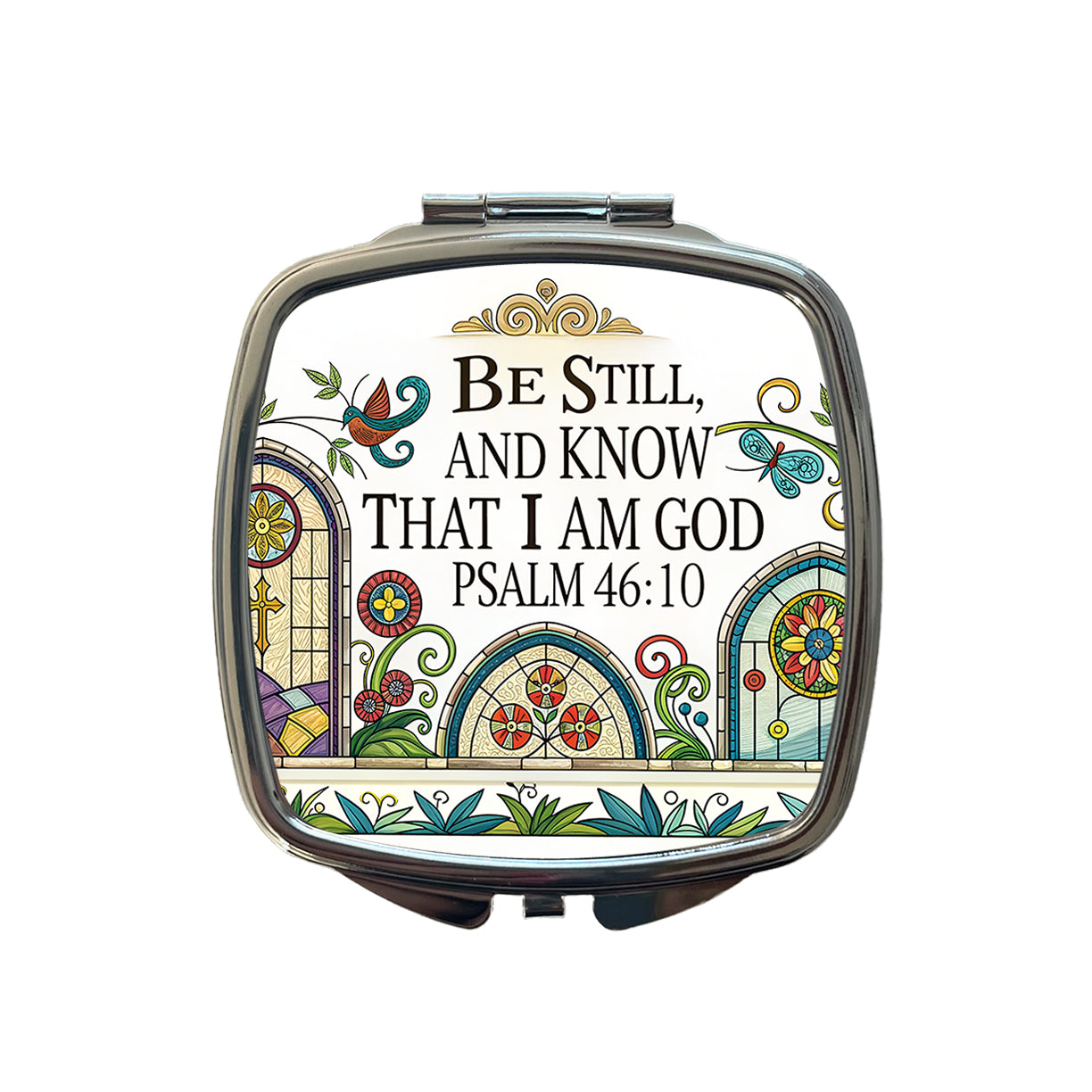 Be Still And Know That I Am God Psalm 46-10 Church Windows Small Travel Purse Handbag Pocket Makeup Compact Mirror