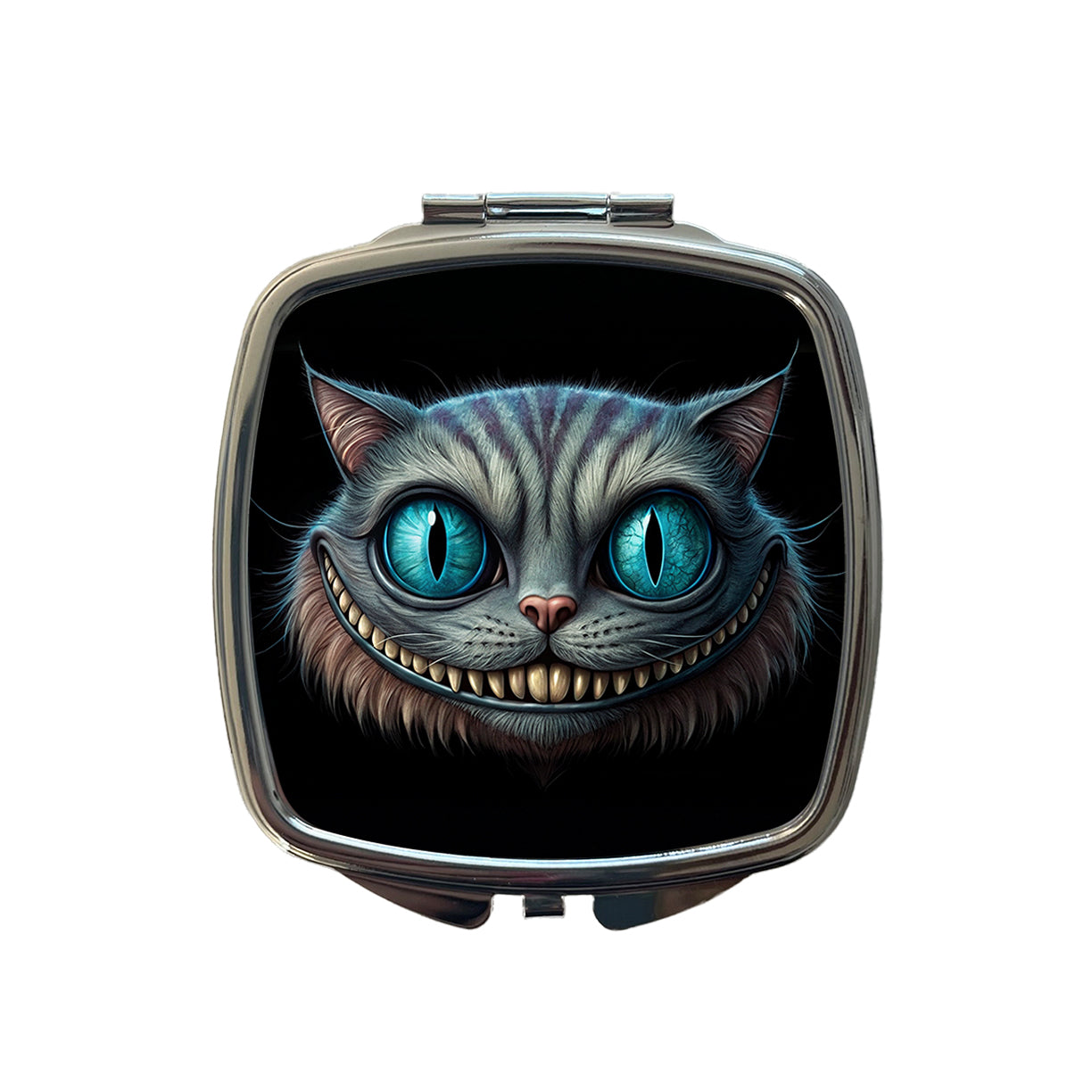 Creepy Cheshire Cat Grin on Black Small Travel Purse Handbag Pocket Makeup Compact Mirror