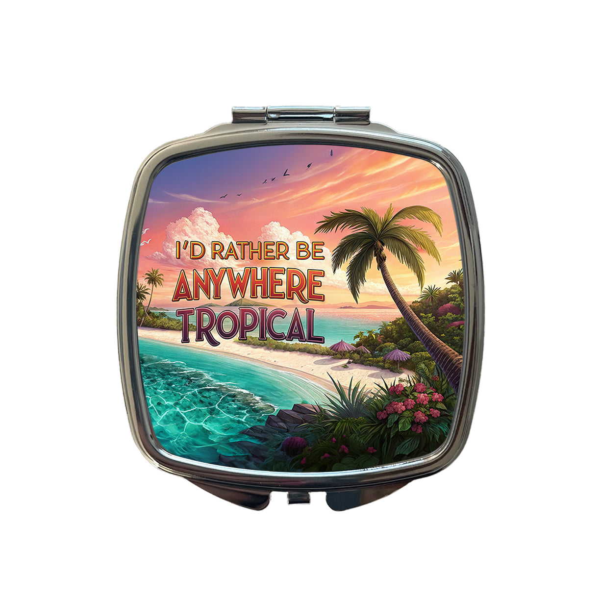 I'd Rather Be Anywhere Tropical Beach Small Travel Purse Handbag Pocket Makeup Compact Mirror