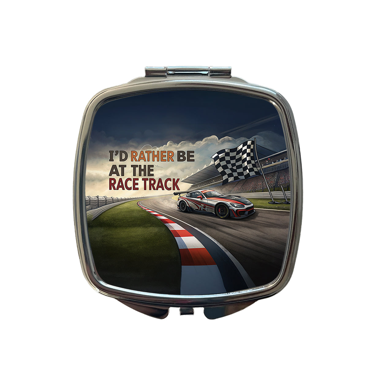 I'd Rather Be At The Race Track Checkered Flag Small Travel Purse Handbag Pocket Makeup Compact Mirror