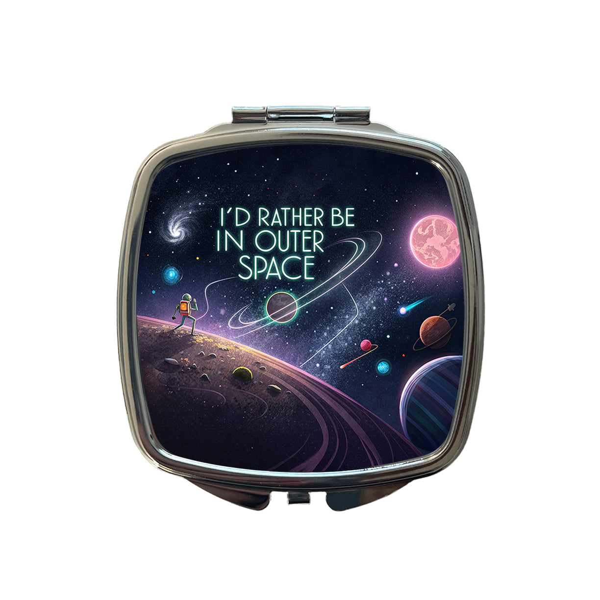 I'd Rather Be In Outer Space Sci-fi Small Travel Purse Handbag Pocket Makeup Compact Mirror