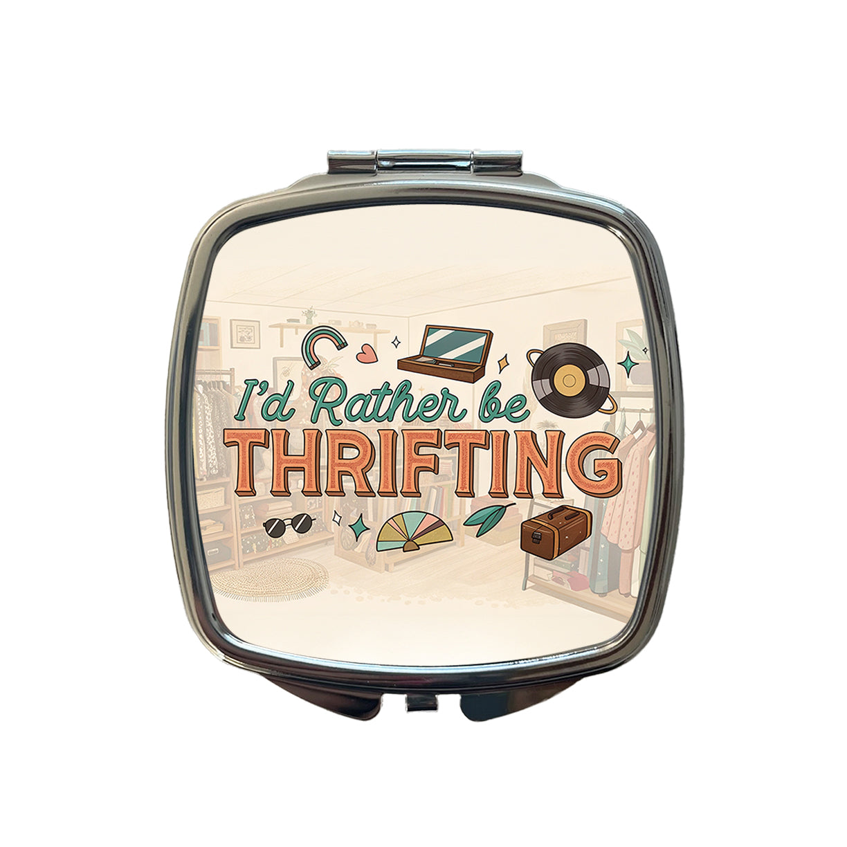 I'd Rather Be Thrifting Thrift Store Shopping Small Travel Purse Handbag Pocket Makeup Compact Mirror