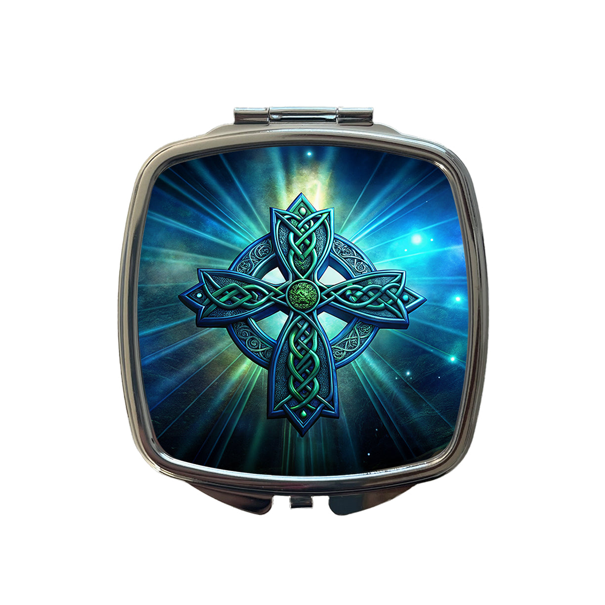 Irish Celtic Christian Cross Blue Green Small Travel Purse Handbag Pocket Makeup Compact Mirror