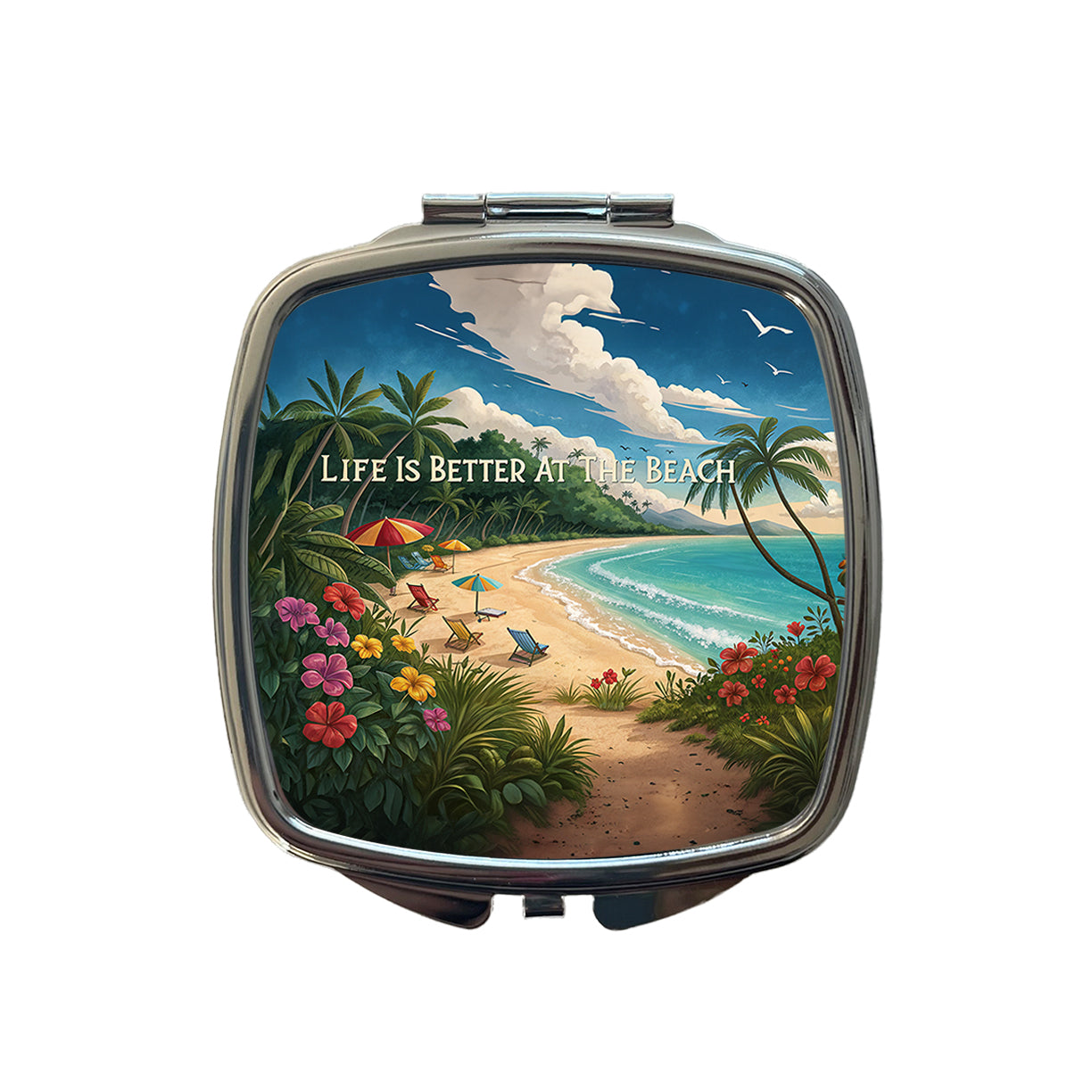 Life is Better At The Beach Tropical Small Travel Purse Handbag Pocket Makeup Compact Mirror