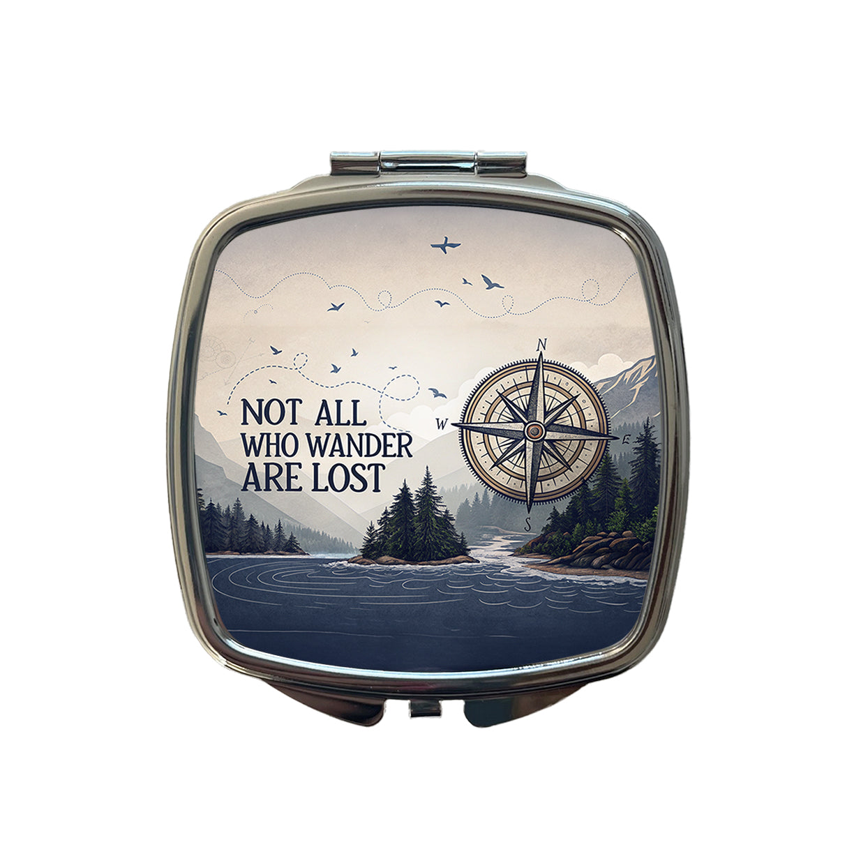Not All Who Wander Are Lost Compass Hiking Small Travel Purse Handbag Pocket Makeup Compact Mirror