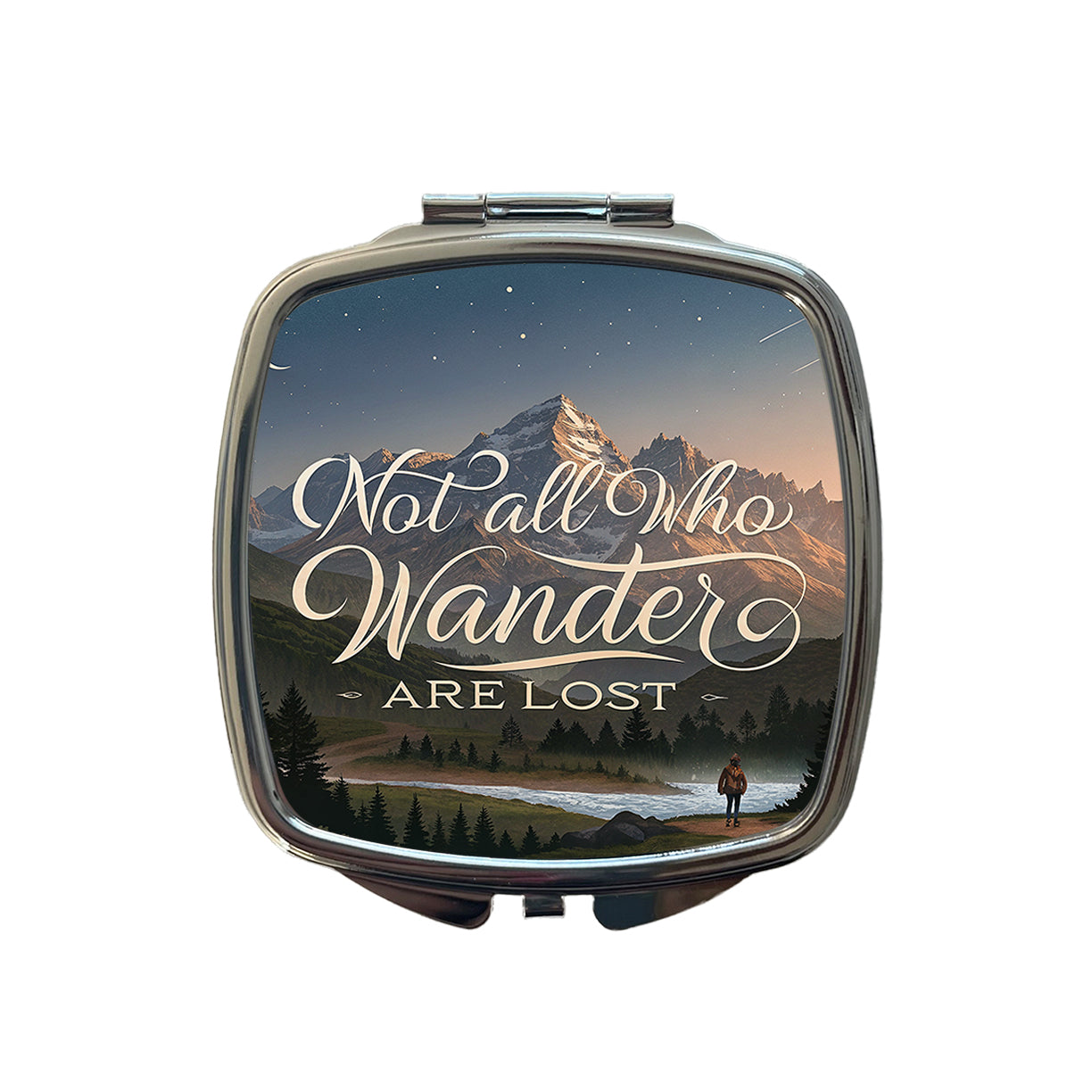 Not All Who Wander Are Lost Hiking Mountains Small Travel Purse Handbag Pocket Makeup Compact Mirror