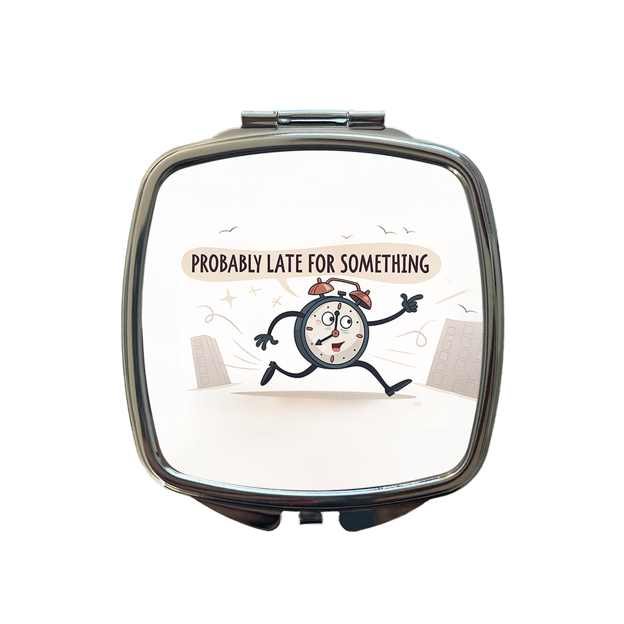Probably Late For Something Funny Running Clock Small Travel Purse Handbag Pocket Makeup Compact Mirror