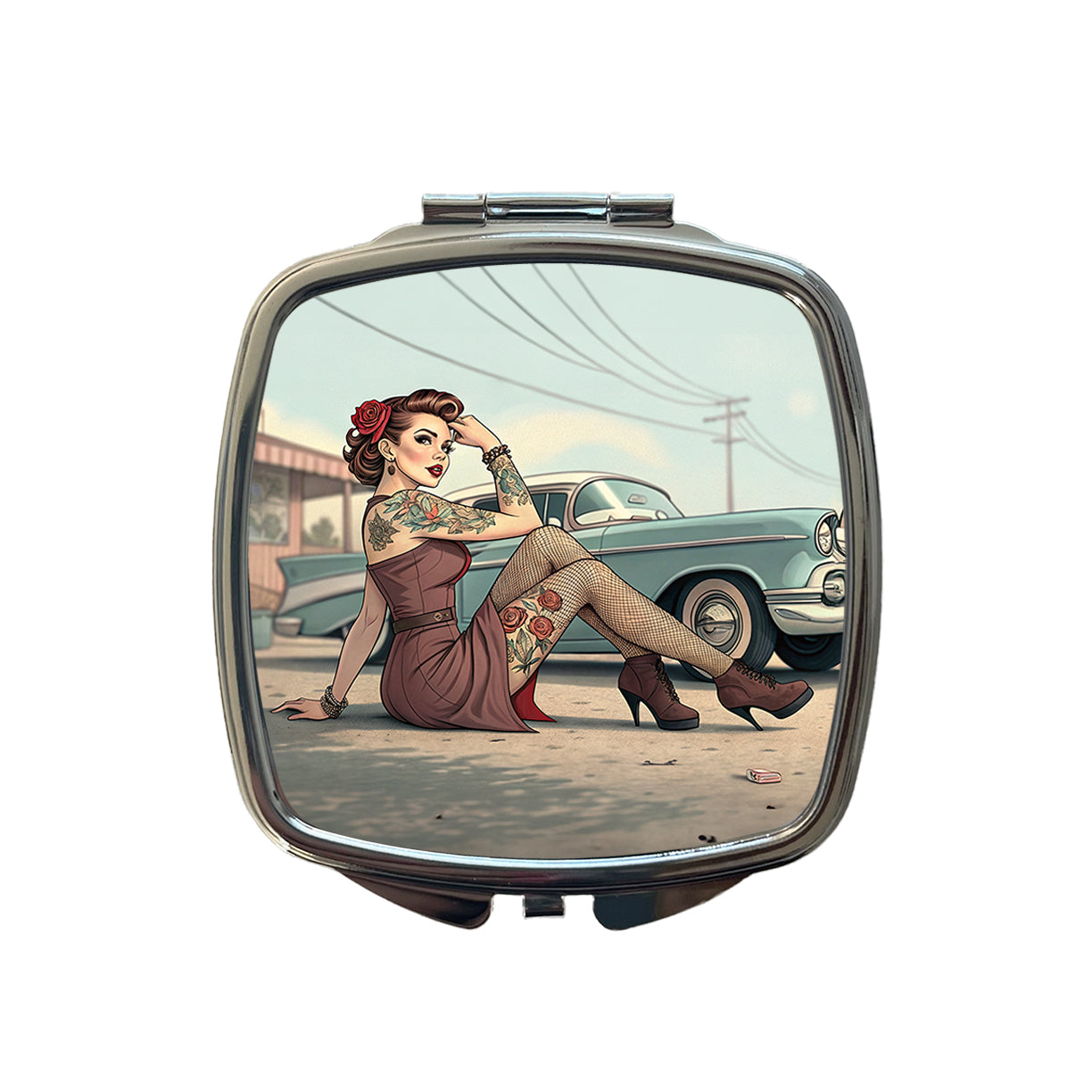 Rockabilly Retro 50's Pin-Up Girl With Tattoos Small Travel Purse Handbag Pocket Makeup Compact Mirror