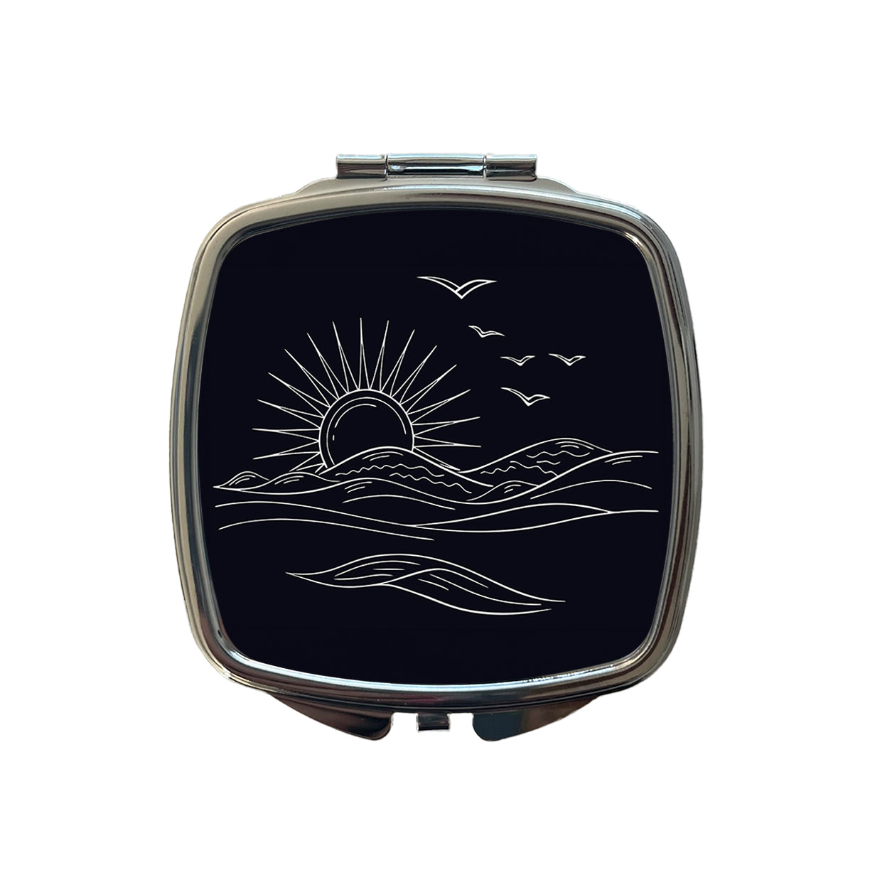 Sunrise And Ocean Wave Outline Illustration Small Travel Purse Handbag Pocket Makeup Compact Mirror