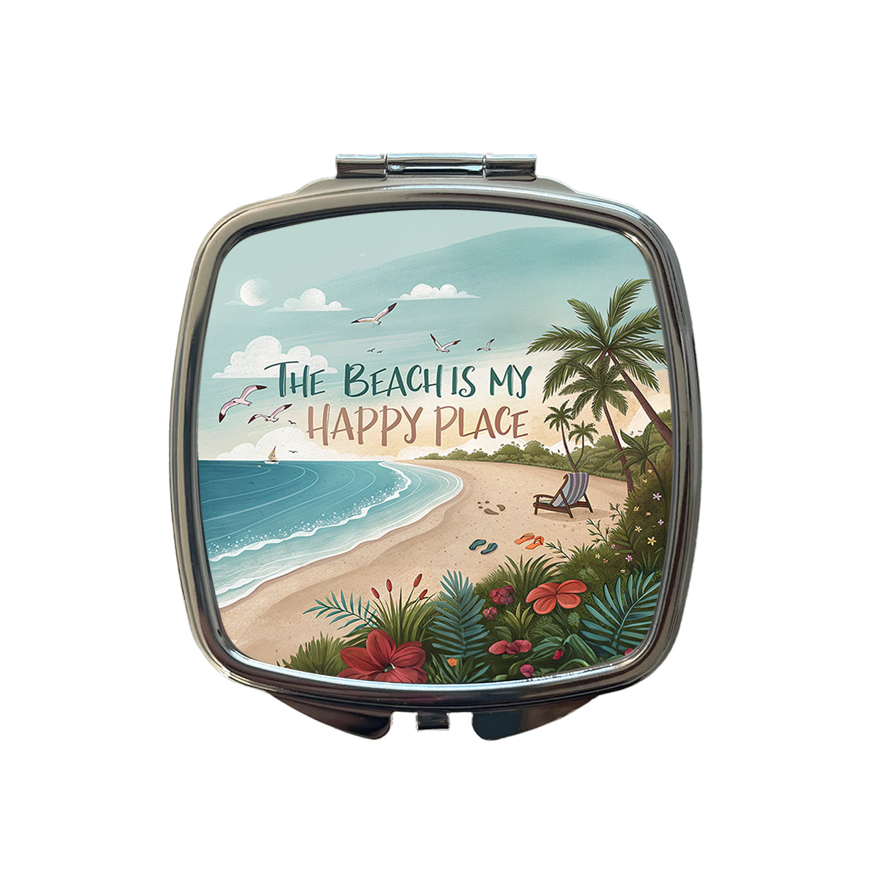 The Beach Is My Happy Place Funny Tropical Small Travel Purse Handbag Pocket Makeup Compact Mirror