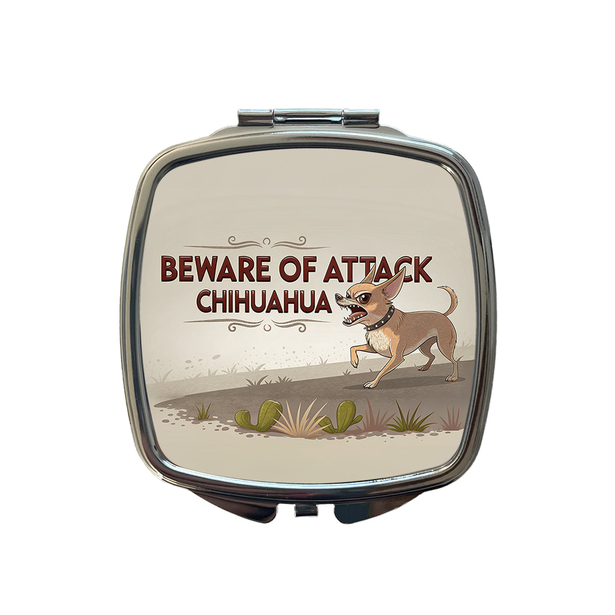 Beware Of Attack Chihuahua Dog Funny Small Travel Purse Handbag Pocket Makeup Compact Mirror