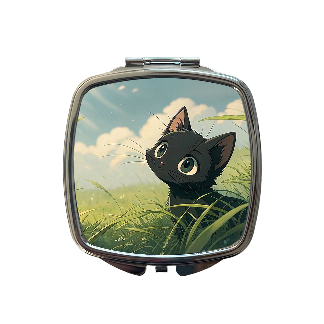 Black Kitten Cat in Field of Grass Anime Style Small Travel Purse Handbag Pocket Makeup Compact Mirror