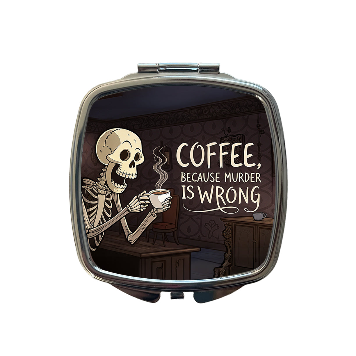 Coffee Because Murder Is Wrong Funny Skeleton Small Travel Purse Handbag Pocket Makeup Compact Mirror