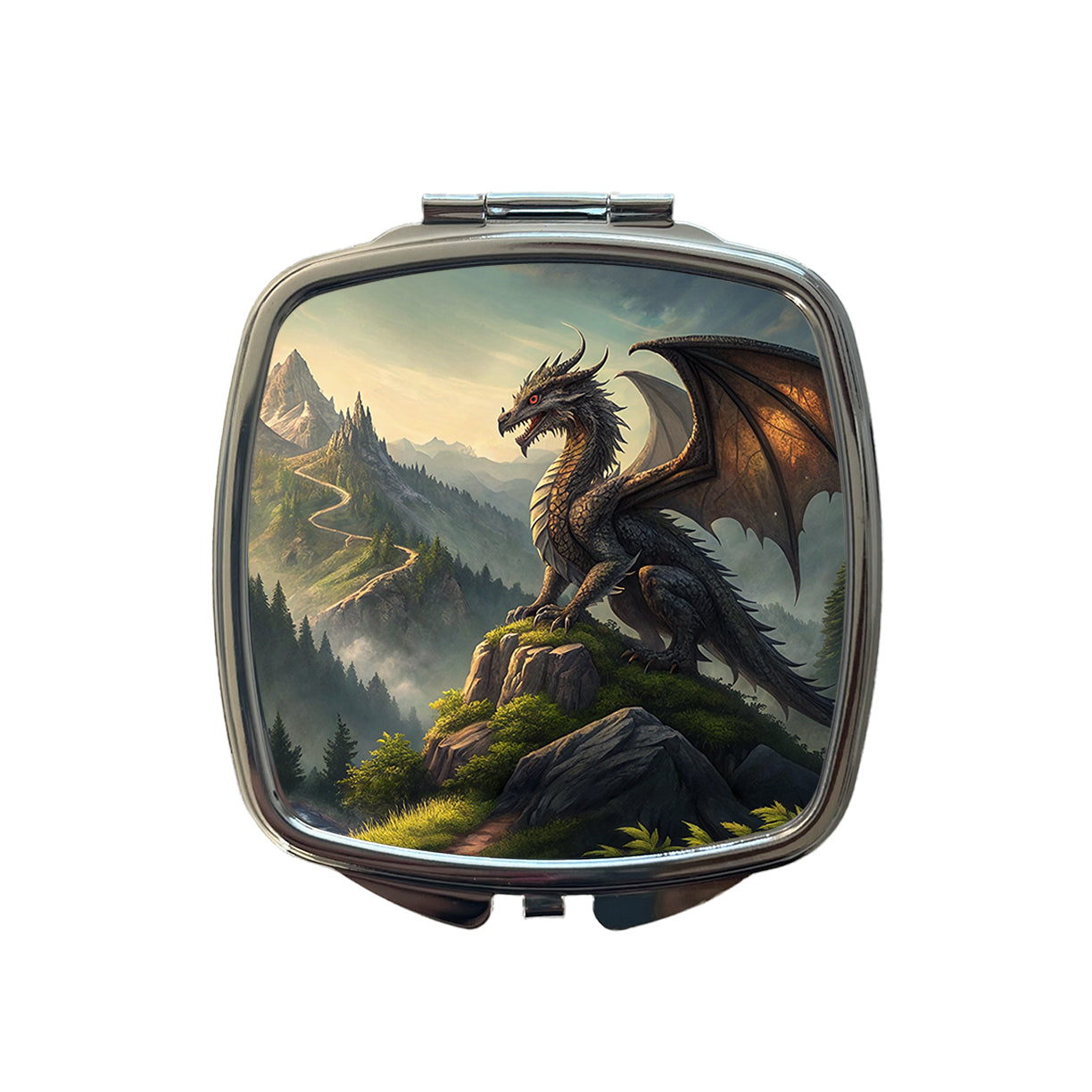 Fantasy Dragon on Mountain Illustration Small Travel Purse Handbag Pocket Makeup Compact Mirror
