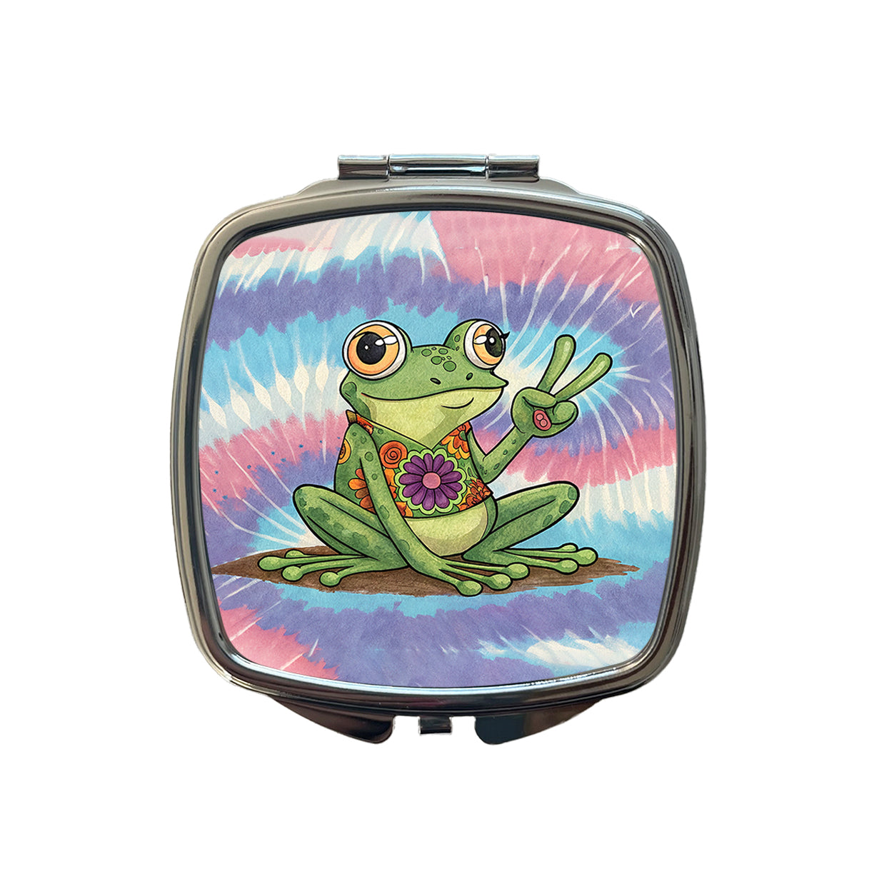 Frog Giving Peace Sign Tie-Dye Cartoon Small Travel Purse Handbag Pocket Makeup Compact Mirror
