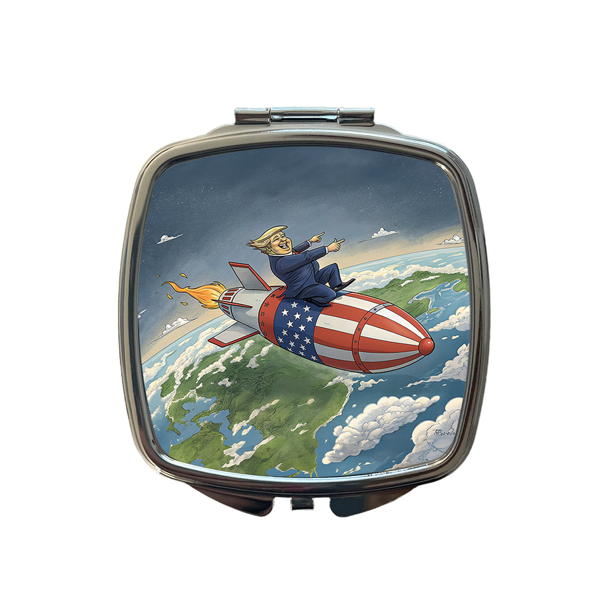 Funny Donald Trump Riding American Flag Missile Small Travel Purse Handbag Pocket Makeup Compact Mirror