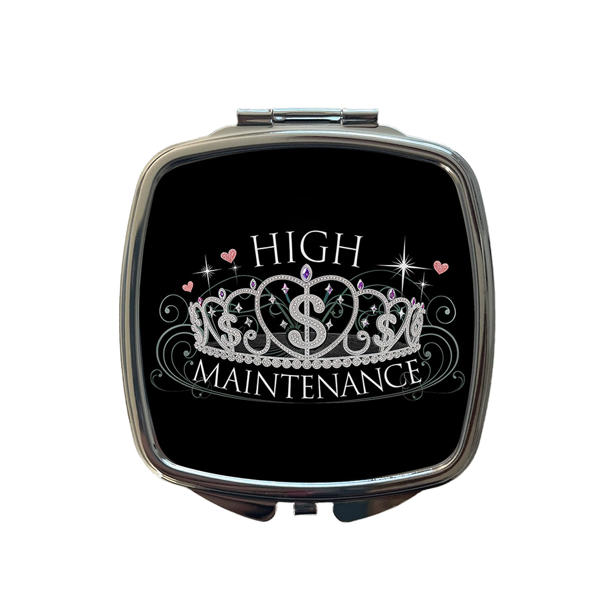 High Maintenance Diamonds Tiara Princess Funny Small Travel Purse Handbag Pocket Makeup Compact Mirror