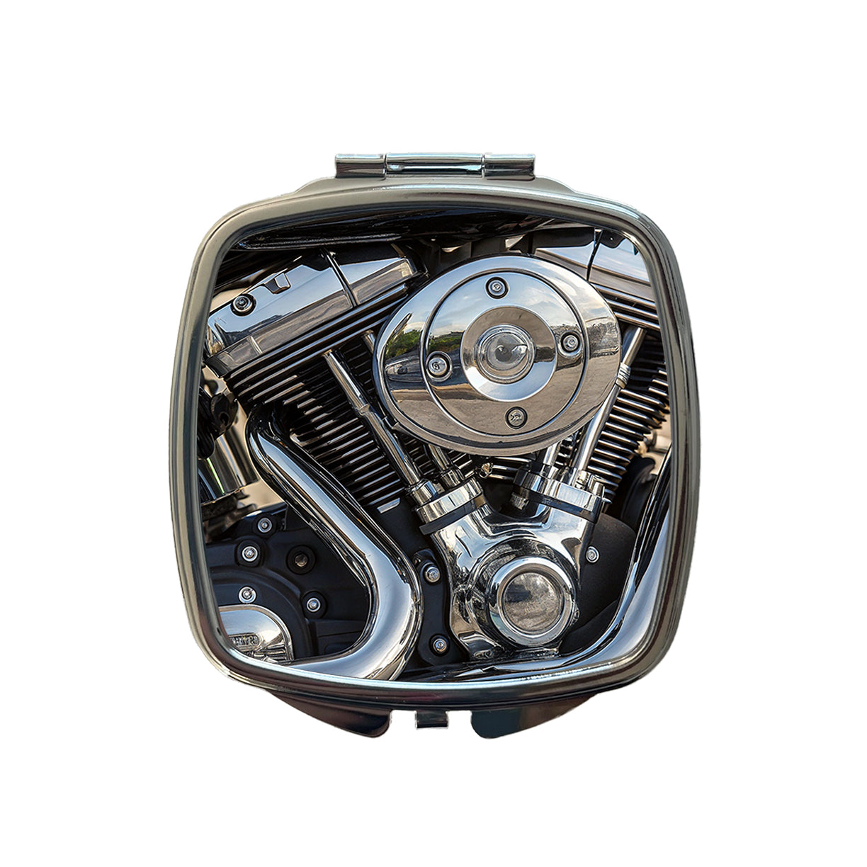 Motorcycle Chrome Engine Close-up Small Travel Purse Handbag Pocket Makeup Compact Mirror