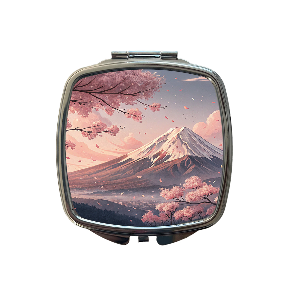 Mount Fuji Blooming Sakura Trees Japanese Illustration Small Travel Purse Handbag Pocket Makeup Compact Mirror