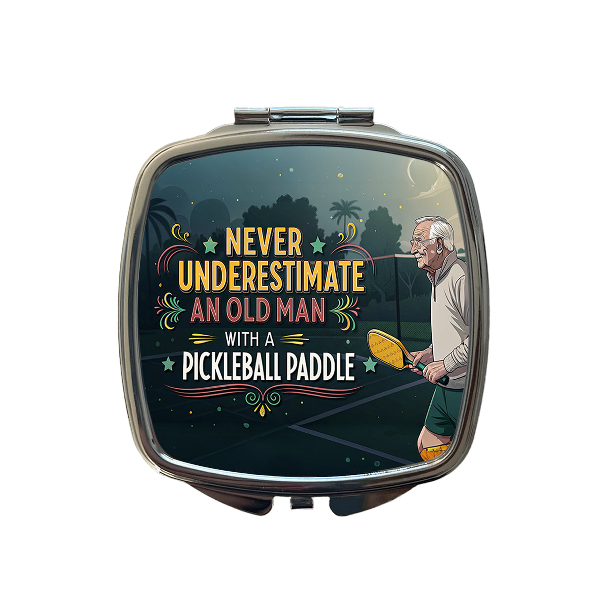 Never Underestimate An Old Man With A Pickleball Paddle Funny Small Travel Purse Handbag Pocket Makeup Compact Mirror
