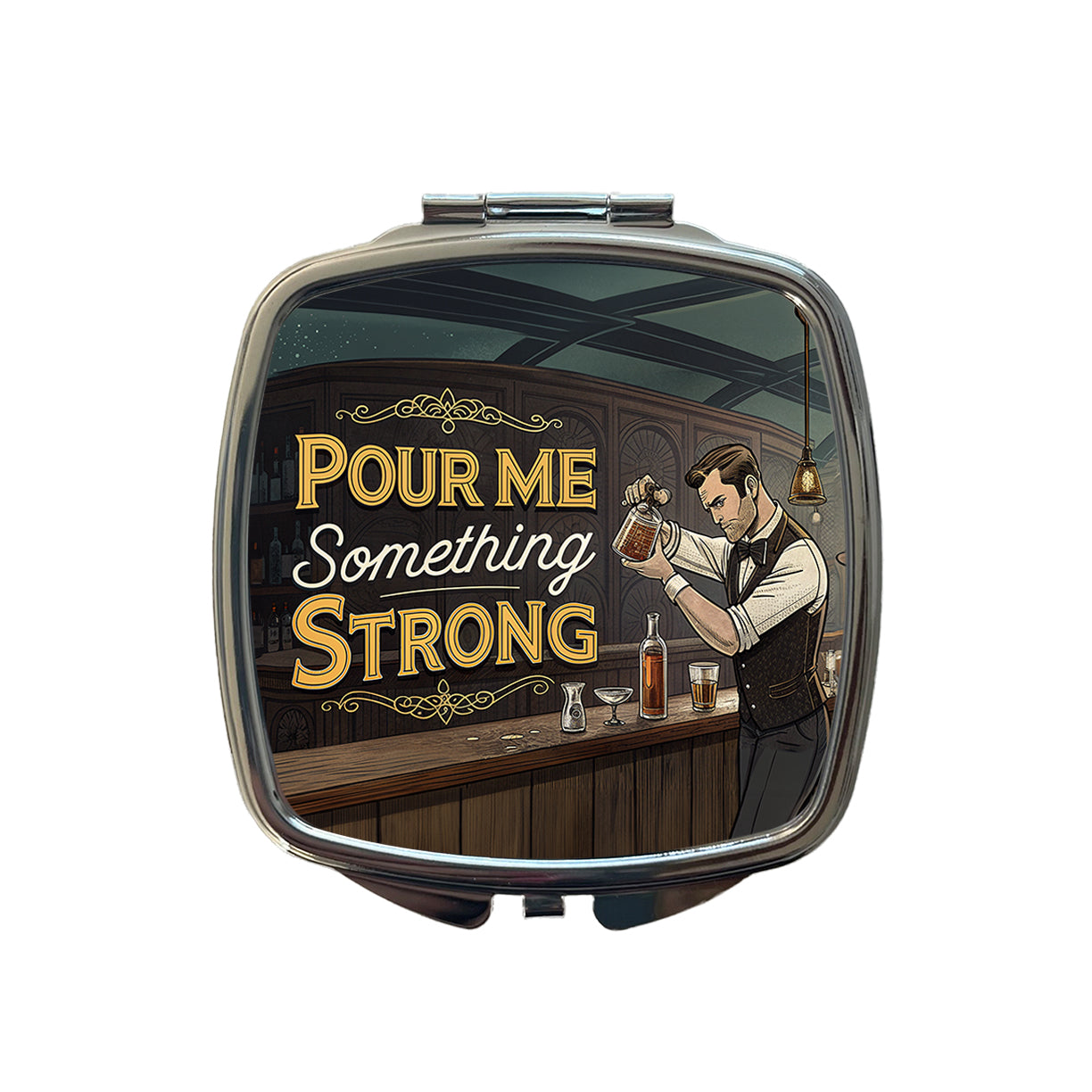 Pour Me Something Strong Retro Bar Alcohol Funny Small Travel Purse Handbag Pocket Makeup Compact Mirror