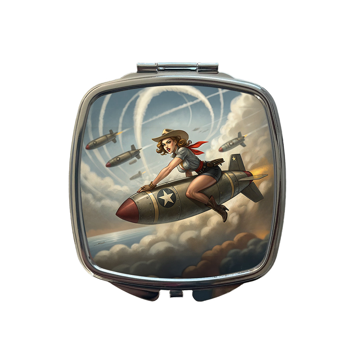 Rockabilly Patriotic Pin-Up Cowgirl Riding Bomb Funny Small Travel Purse Handbag Pocket Makeup Compact Mirror