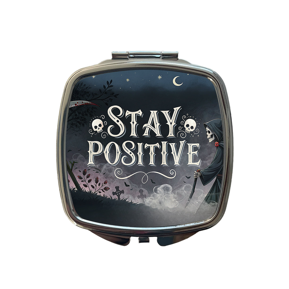 Stay Positive Funny Grim Reaper Death Cartoon Small Travel Purse Handbag Pocket Makeup Compact Mirror