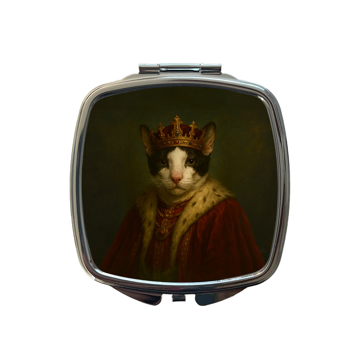 Vintage Cat King Fantasy Painting Small Travel Purse Handbag Pocket Makeup Compact Mirror