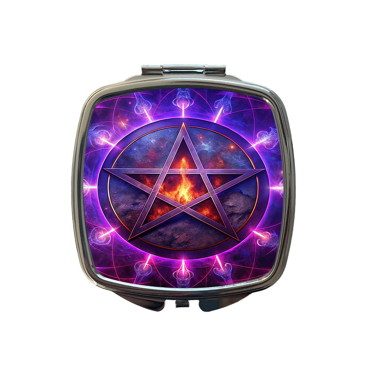 Wiccan Purple Pentagram Evil Summoning Circle Small Travel Purse Handbag Pocket Makeup Compact Mirror