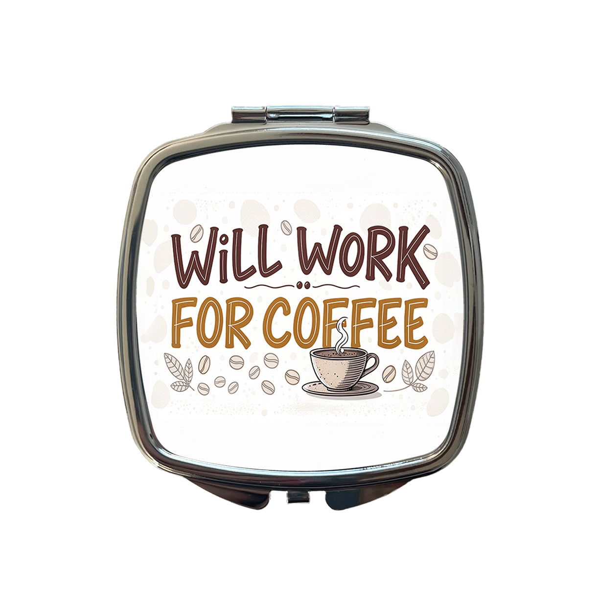 Will Work For Coffee Funny Saying Small Travel Purse Handbag Pocket Makeup Compact Mirror