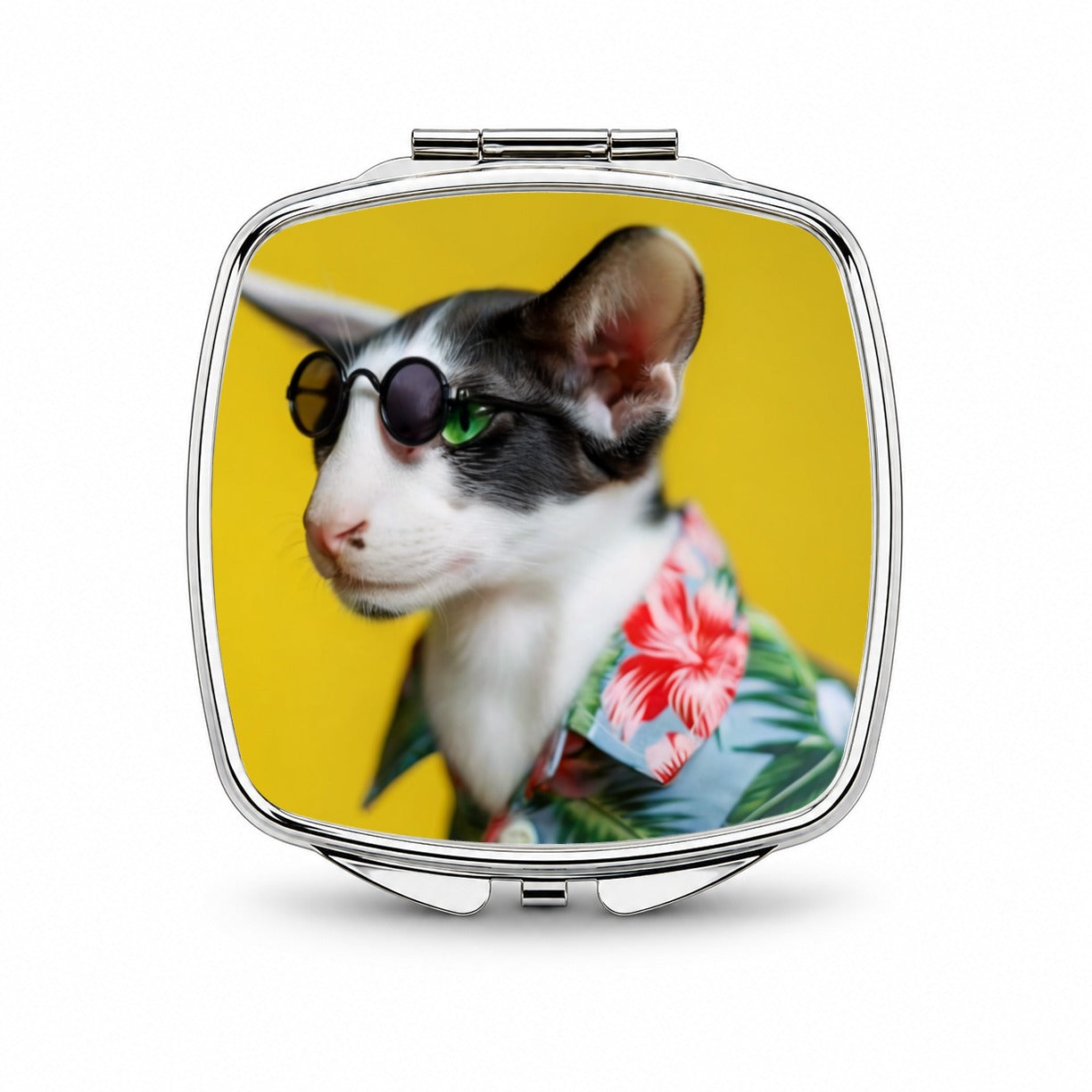 Funny Cat With Glasses And Hawaiian Shirt Small Travel Purse Handbag Pocket Makeup Compact Mirror