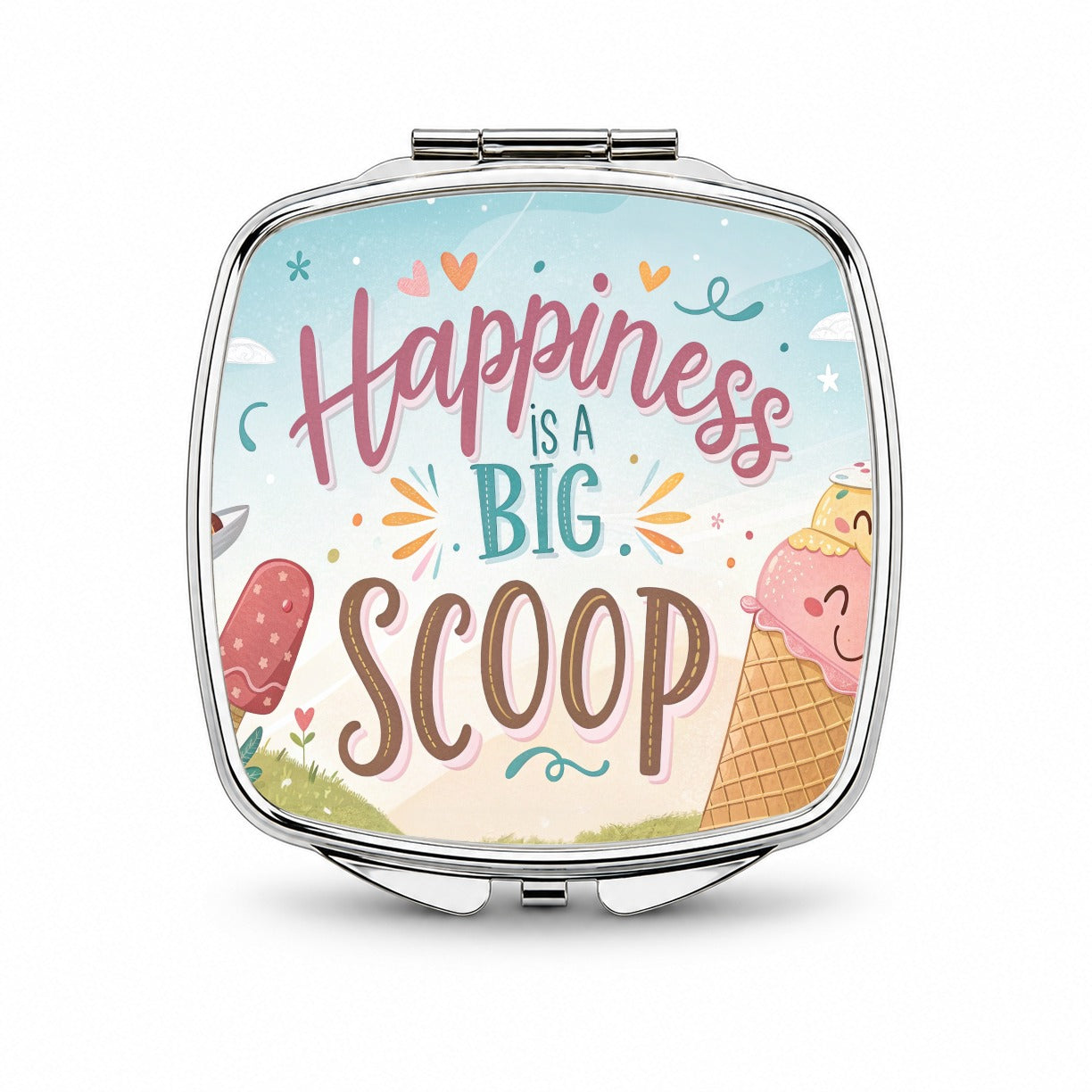 Happiness Is A Big Scoop Ice Cream Funny Small Travel Purse Handbag Pocket Makeup Compact Mirror