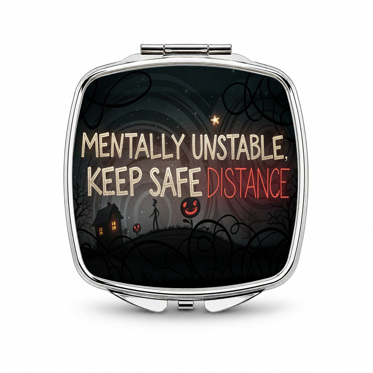 Mentally Unstable Keep Safe Distance Funny Crazy Small Travel Purse Handbag Pocket Makeup Compact Mirror