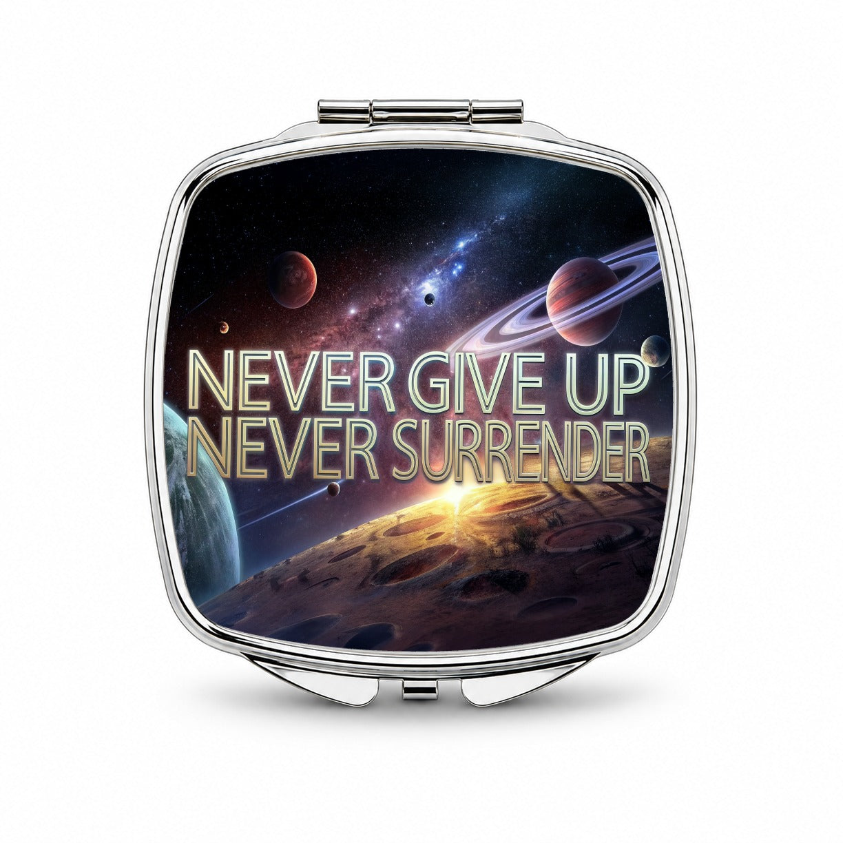 Never Give Up Never Surrender Galaxy Space Inspirational Small Travel Purse Handbag Pocket Makeup Compact Mirror