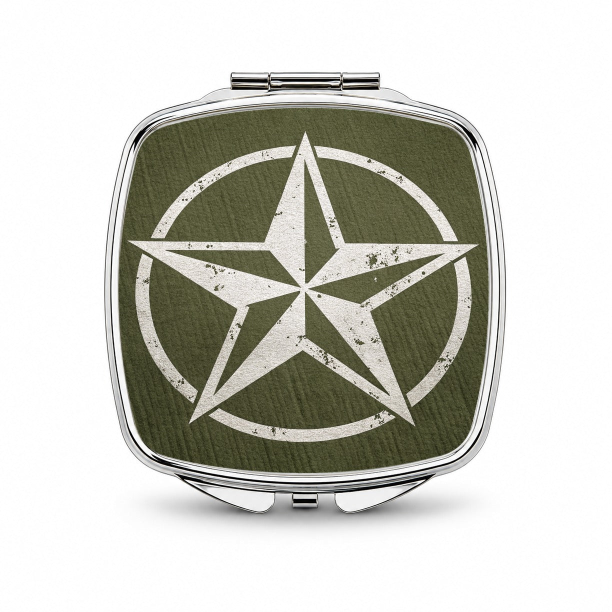 Rustic White Military Army Compass Star Small Travel Purse Handbag Pocket Makeup Compact Mirror