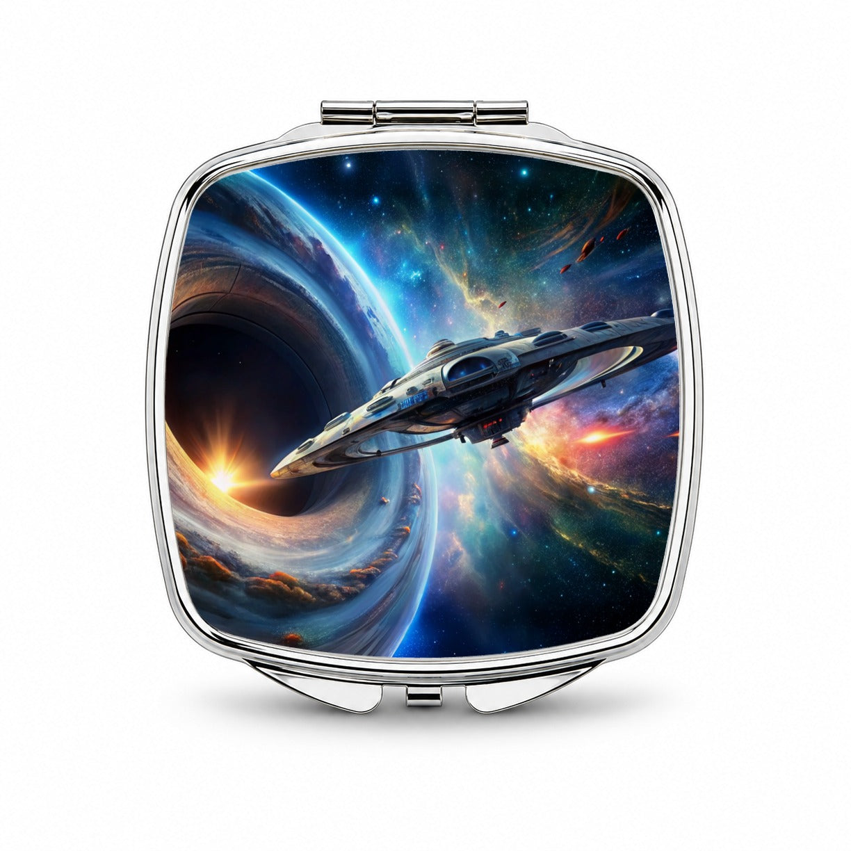 Starship Spaceship Coming Out Of Space Wormhole Small Travel Purse Handbag Pocket Makeup Compact Mirror