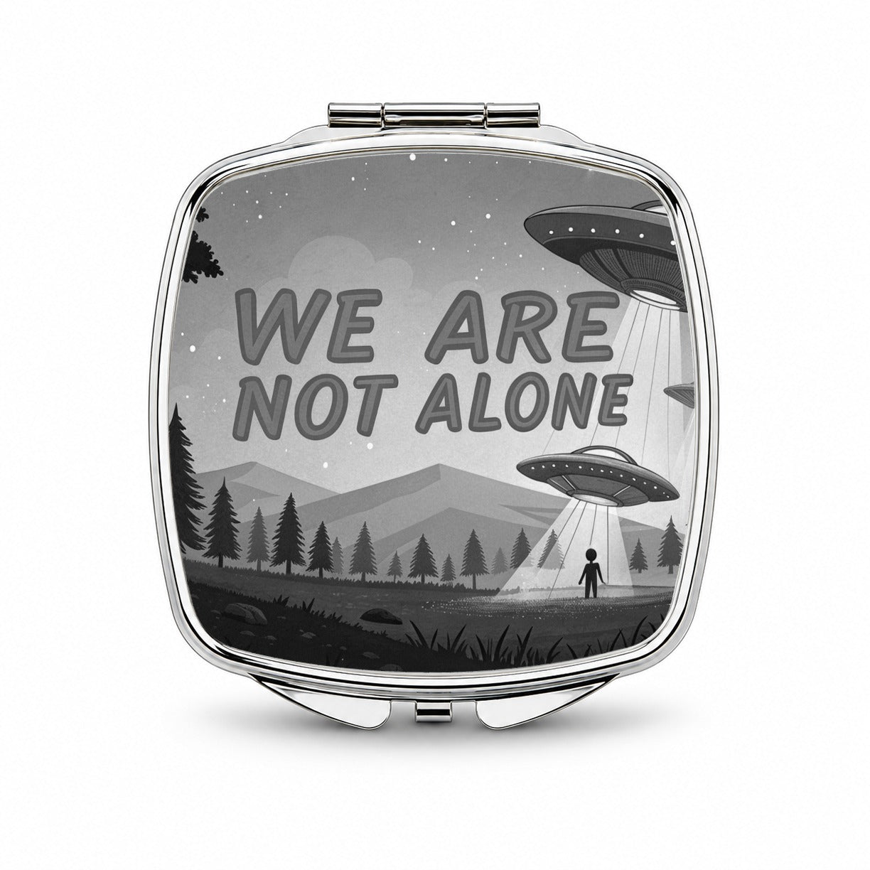 We Are Not Alone Funny Retro UFO Black And White Small Travel Purse Handbag Pocket Makeup Compact Mirror