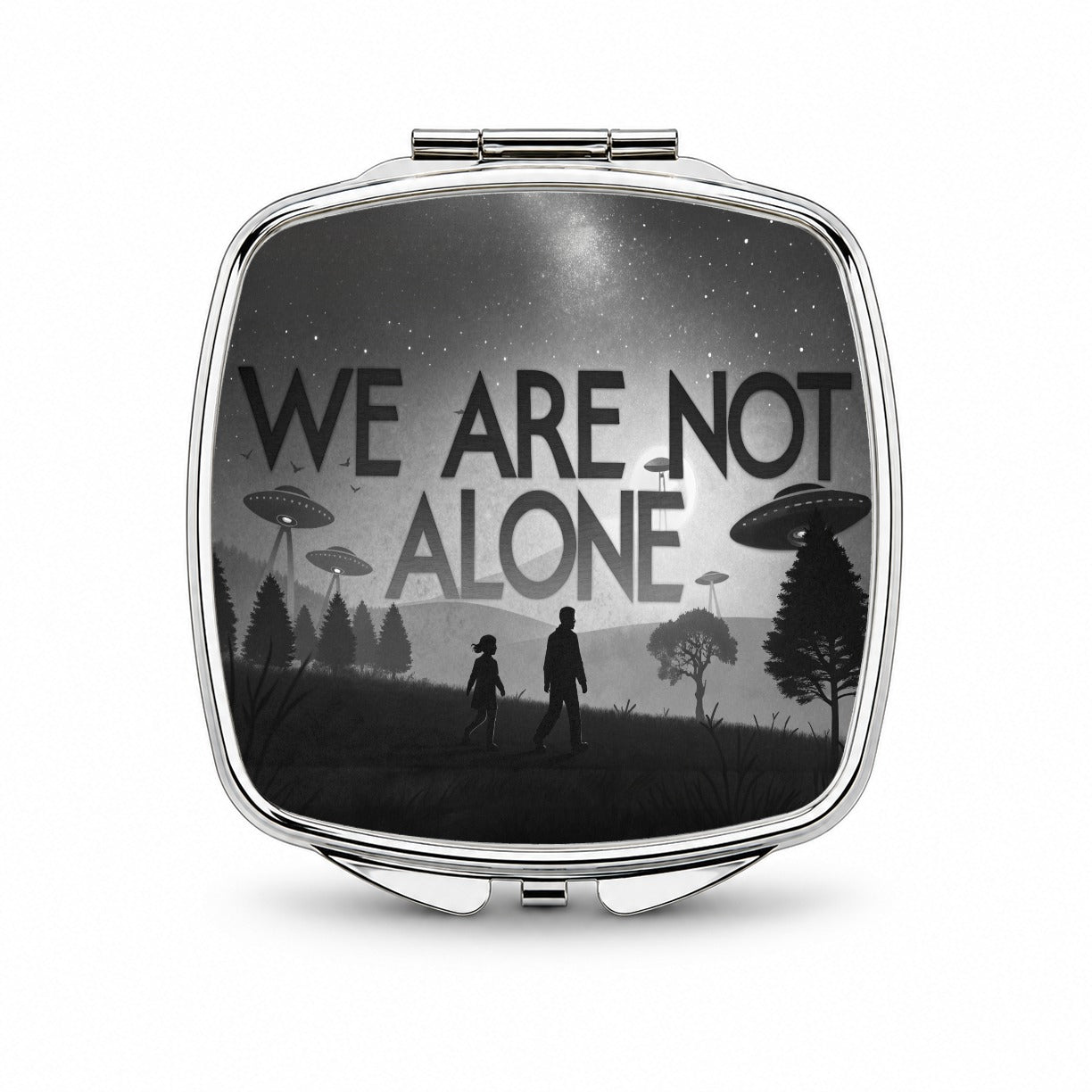 We Are Not Alone Retro Funny Alien Invasion Small Travel Purse Handbag Pocket Makeup Compact Mirror